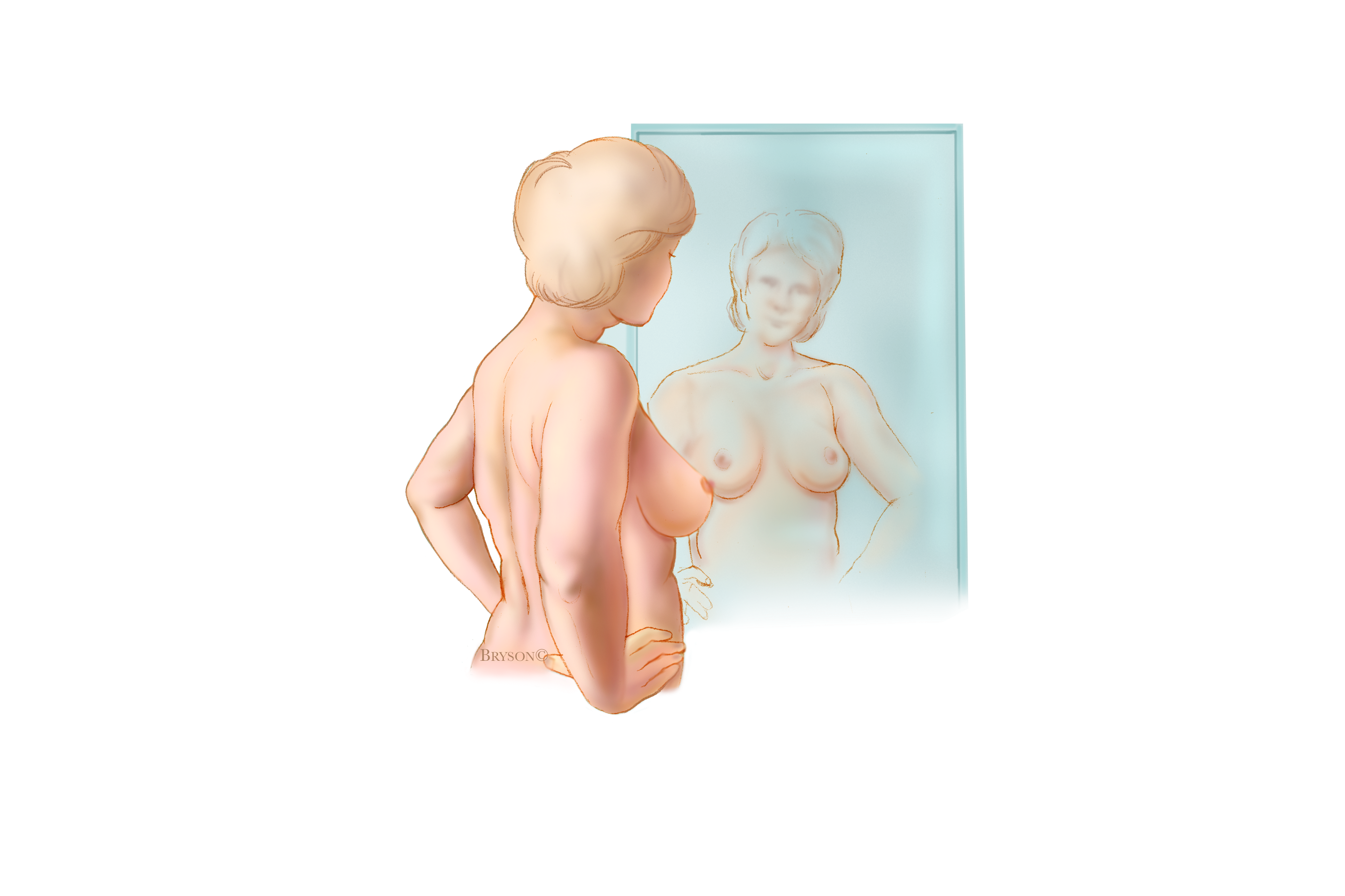 Breast Self-Exam - Step 1: person self-examining breasts in the mirror with shoulders straight and arms on hips.