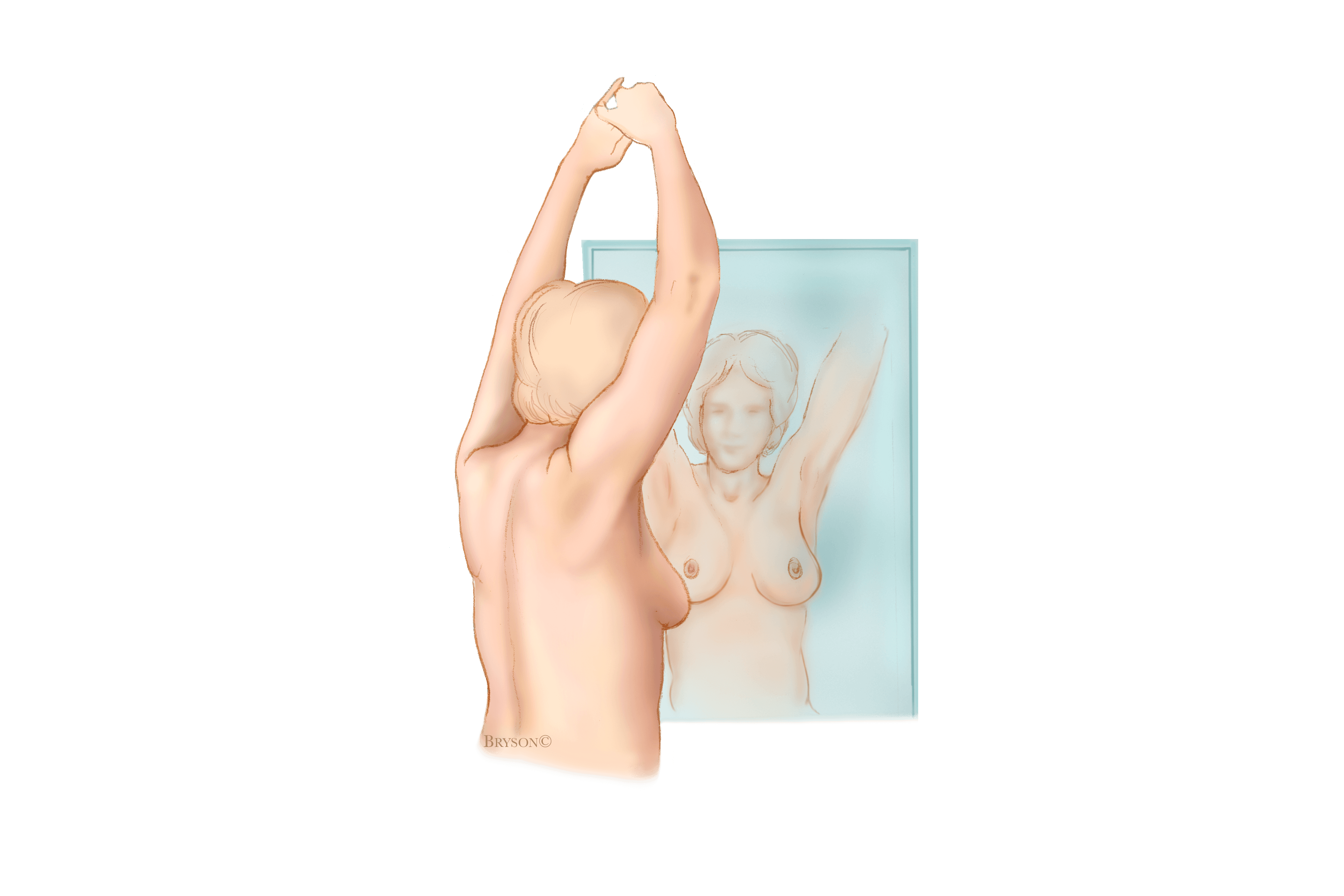 An illustration of a woman raising their arms and self-examining their breasts in the mirror.