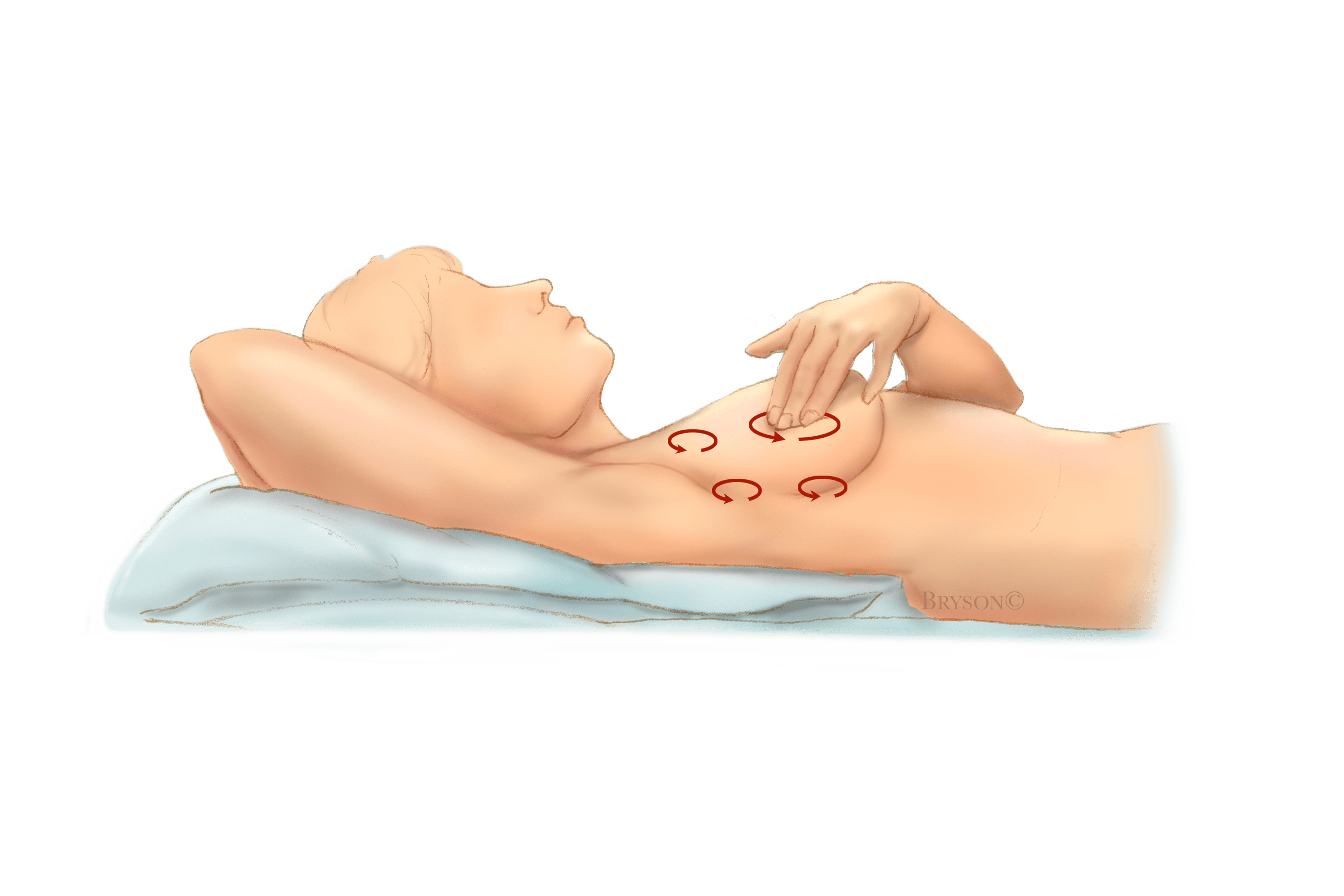 An illustration of a woman lying down and feeling their breasts for lumps using their fingers.