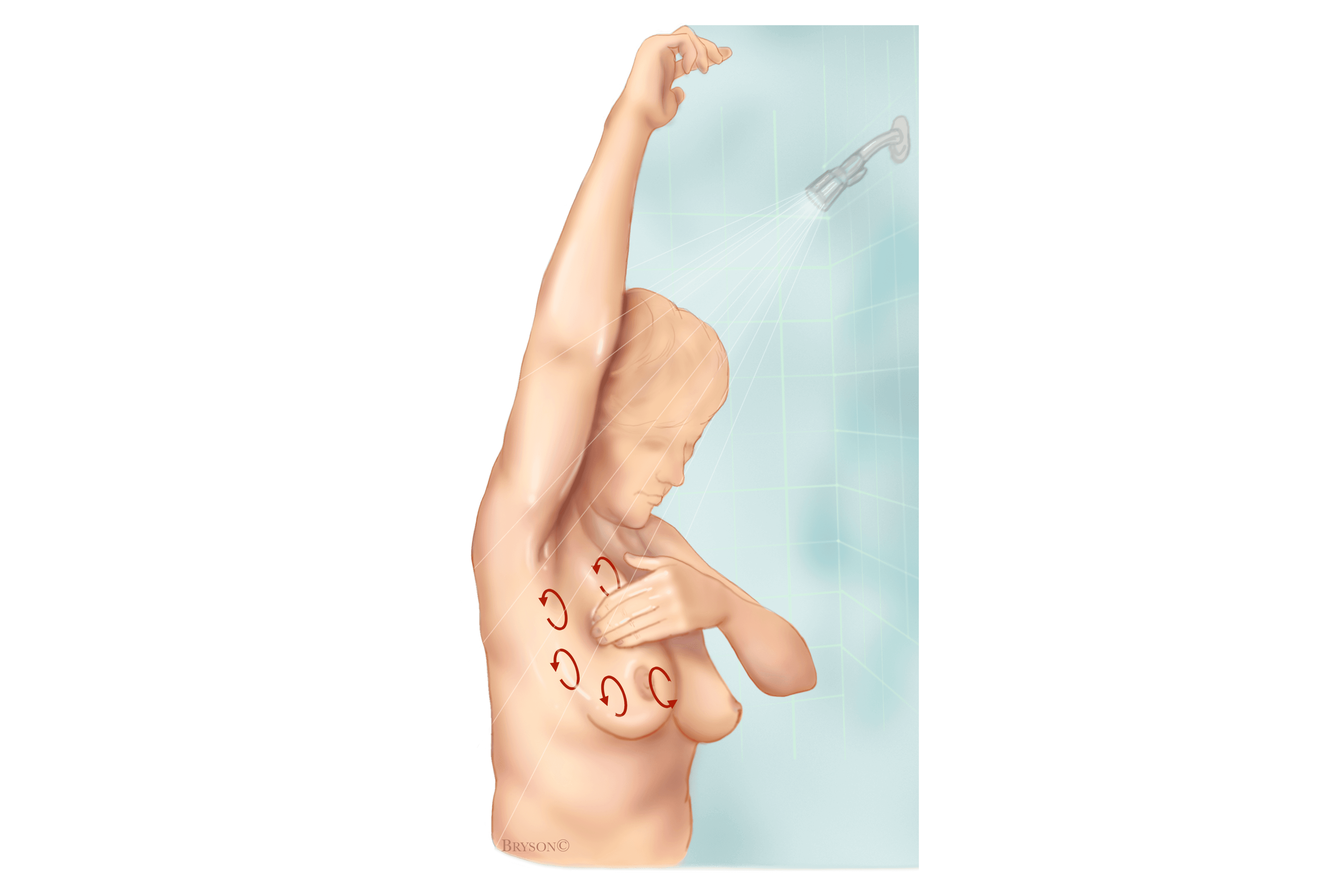 An illustration of a woman self-examining their breasts for lumps while sitting.